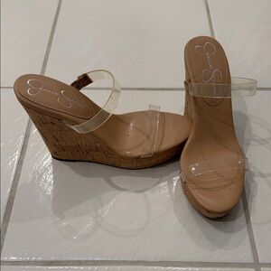 Jessica Simpson Clear and Tan Wedge Sandals